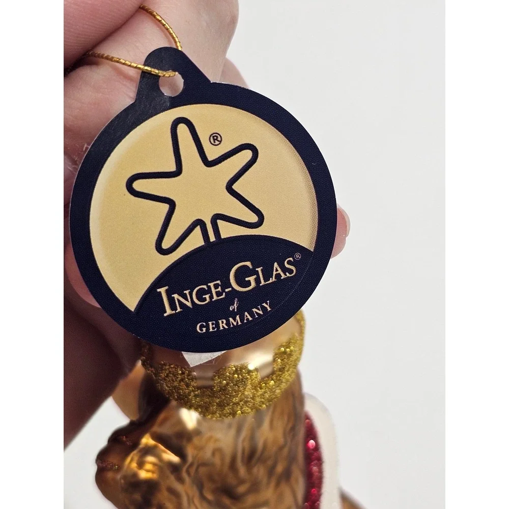 Inge-Glas Berlin Bear Glass Christmas Ornament Gold Glitter Sash Germany NEW